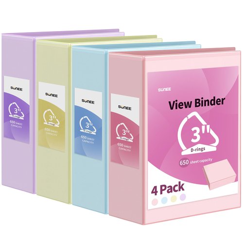 SUNEE 3 Ring Binder 3 Inch D Ring, Clear View Binder Three Ring PVC-Free (Fit 8.5x11 Inches) for School or Office Supplies, Assorted Pastel, 4 Pack