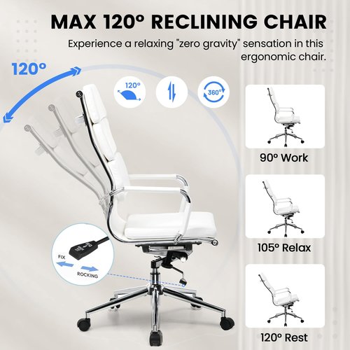 GTPOFFICE Ribbed Office Desk Chair High Back Ergonomic Chair with Wheels Cute Modern Executive Chair Bonded Leather Lumbar Support Computer Chair Swivel Tilt, Snow White
