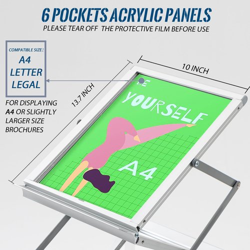6 Pockets Aluminum Floor Standing Magazine Rack with Carrying Bag, Portable Pop-up Brochure Display Stand, Foldable Catalog Literature Display Stand, A4 Size, for Exhibition, Trade Shows, Office