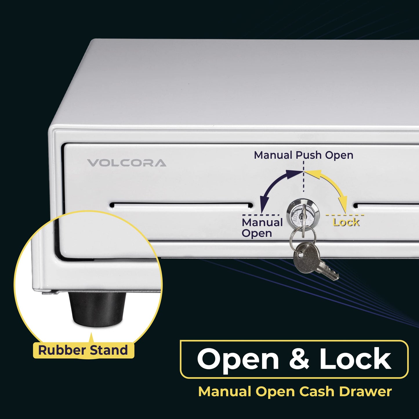Volcora 13" Manual Push Open Cash Register Drawer for Point of Sale (POS) System, White Heavy Duty Till with 4 Bills and 5 Coin Slots, Key Lock with Removable Coin Tray and Double Media Slots