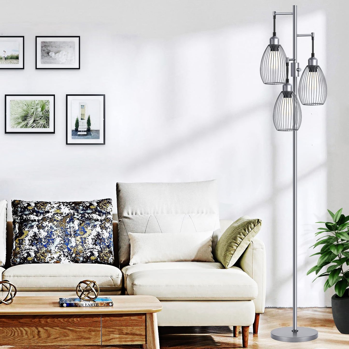 Nintiue Dimmable Floor Lamp, 3 x 800LM LED Edison Bulbs Included, Industrial Floor Lamp Standing Tree Lamp with Elegant Teardrop Cage Heads Tall Lamps for Living Room Bedroom-Grey