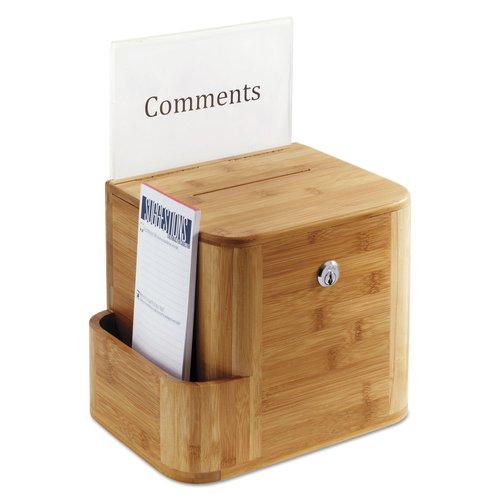Safco 4237NA Wood Suggestion, Charity, Voting Box, Lock and Card Storage Pocket, Freestanding or Wall Mounted, Includes Suggestion Cards