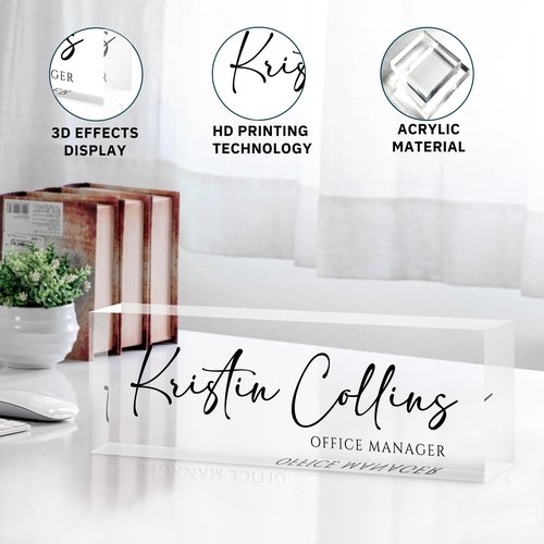 Custom Name Plate for Desk, Personalized Desk Name Plate on Clear Acrylic Glass, Appreciation Gifts for Teacher Employee Boss Coworkers Nurse, Office Desktop Accessories For Women Men (Ink)