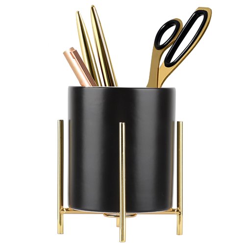 SIEBOLD Sturdy Pen Holder Simple and elegant for Desk Matte Pencil Holder Ceramic Cute Desktop Organizer Brush Holder Cup (Black and Gold Plated)