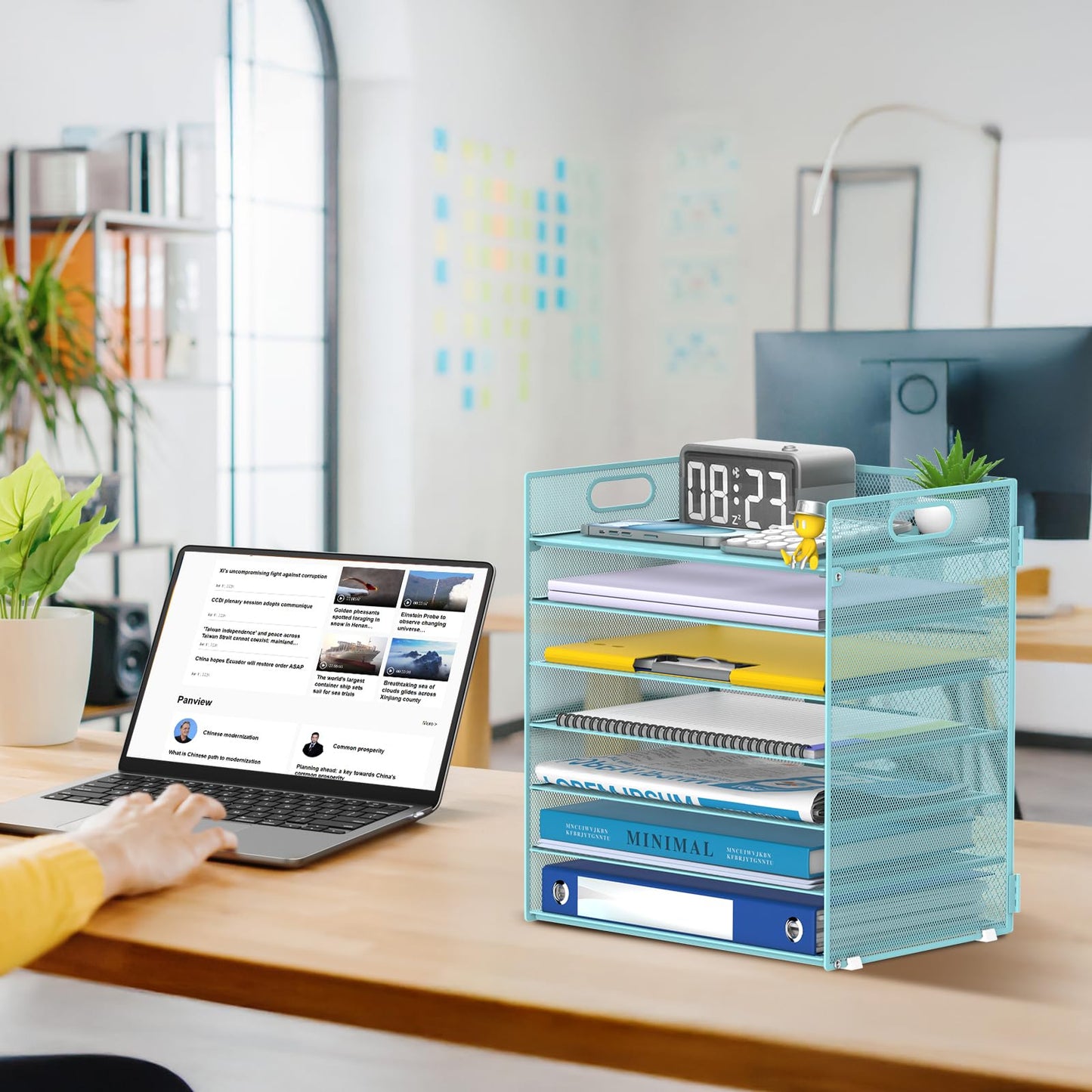 ReePlan 7 Tier Paper Organizer - Mesh Desktop File Holder with Handles for Office School Desk, Black (Blue)
