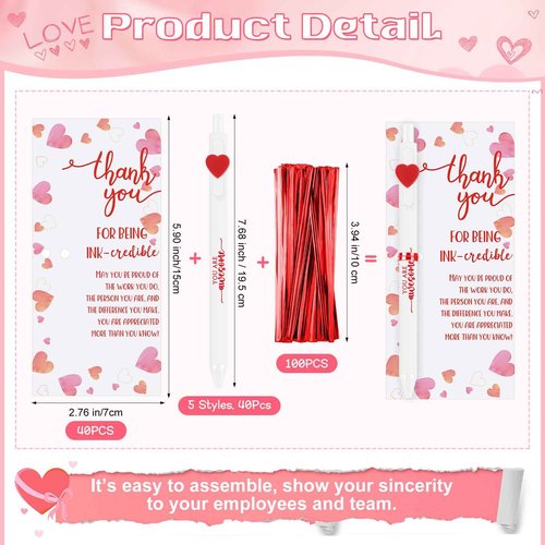 Jetec 40 Sets Valentines Pens Bulk Heart Employee Appreciation Gifts Inspirational Ballpoint Pen with Thank You Card Funny Pink Valentine Favors for Staff Teacher Nurse Office Supplies (Motivational)