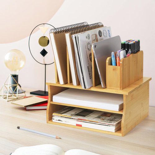 Noamus Bamboo Desk Organizer with File Holder, 3 Tier Office Desktop Organizers with Adjustable Pen Cup, 13" Letter Paper Tray Storage Cubby for Home School Classroom Kitchen Bedroom Supply(Natural)