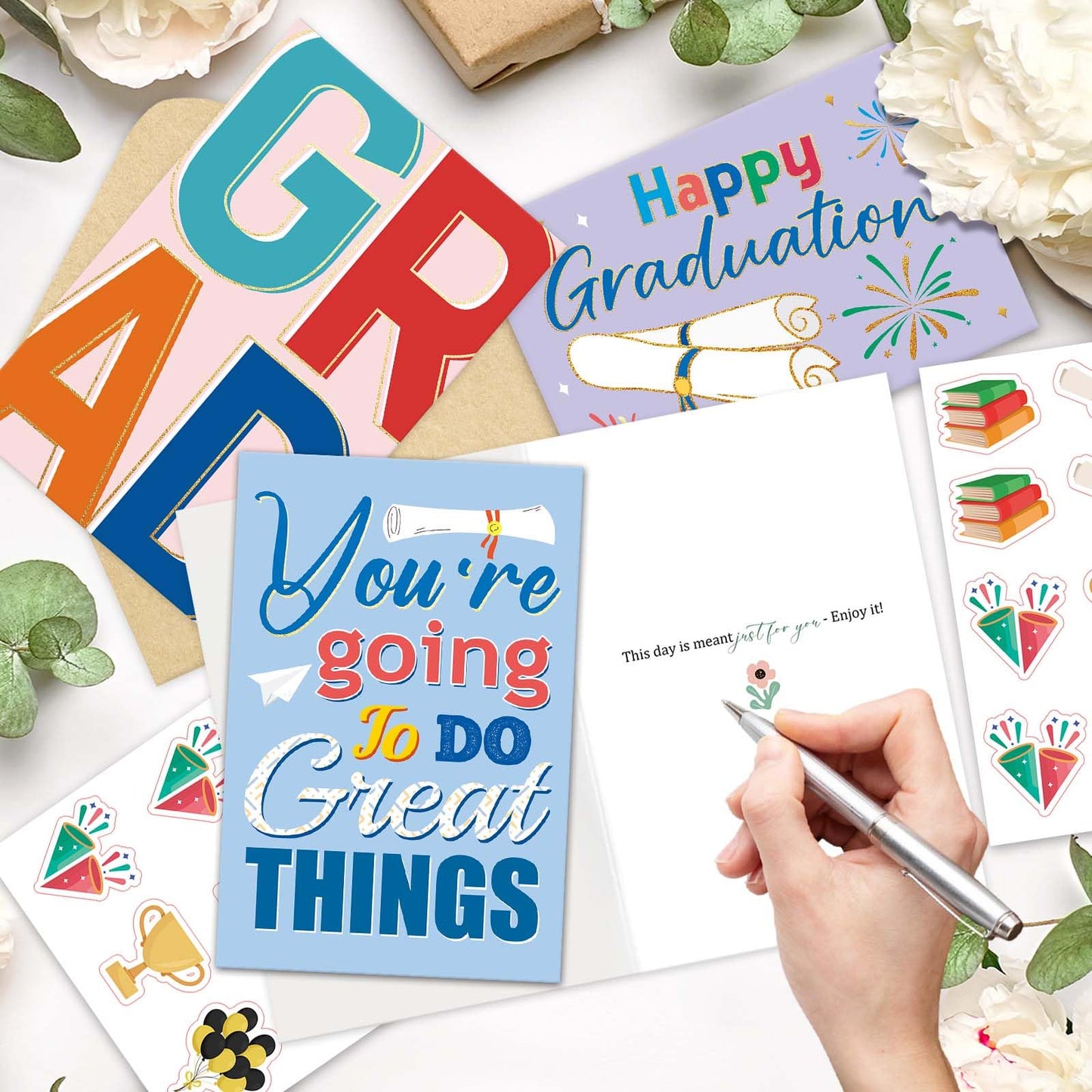 Qiavor Pack of 24 Happy Graduation Cards with Envelopes for Teens Teenagers, 6 Inspirational Congratulations Card for High School College Graduates, Message Inside, 4x6in