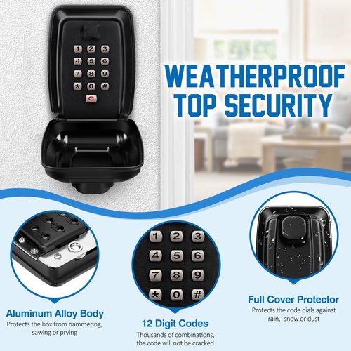 TNIIFXC Key Lock Box Wall Mounted Key Storage Box Waterproof 12 Digit Combination Security Lock Box Large Capacity Resettable Code Key Safe with Weatherproof Cover for Home Garage Office School