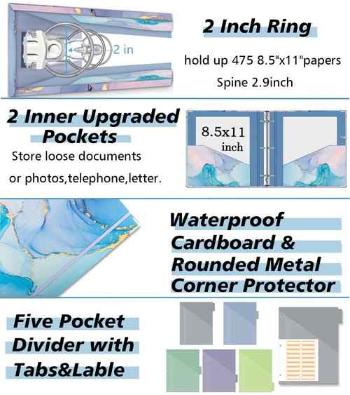 2 Inch 3 Ring Binder Organizer with Clipboard, 5-Tabs Pockets Dividers, Plastic Folder, 18 Divider Stikers, KLLVE Three Ring Binder with Pen Loop (Blue Marble, Letter Size)