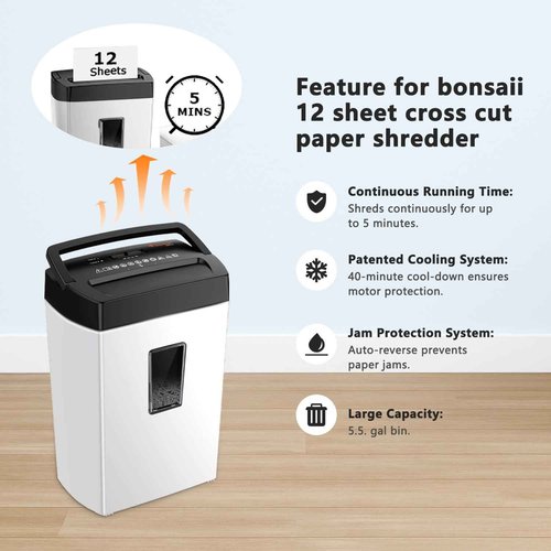 Bonsaii Heavy-Duty Shredder, Up to 12 Sheets, P-4 high Security, Credit Cards, Mail, & Staples, 5.5-Gallon bin with a Transparent Window, Suitable for Heavy-Duty use in Home Offices, White & Black