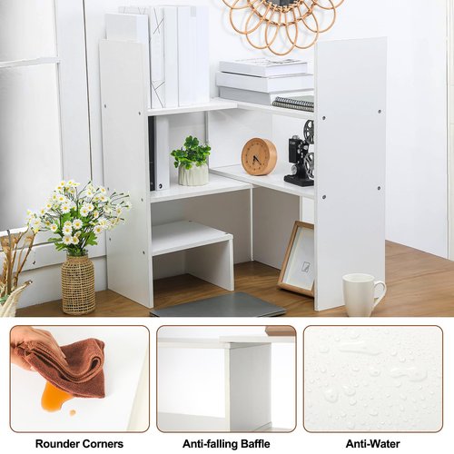 Briwooody Expandable Dorm Desk Dutch Adjustable Desktop Bookshelf Wooden Desktop Storage Organizer Bookcase Cubby Book Rack for College Dorm Home Office Furniture(White)