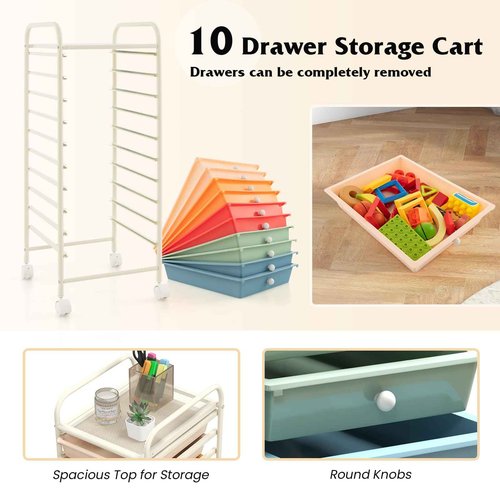 Julimoon 10 Drawer Storage Cart, Rolling Cart with Lockable Wheels, Trolley Utility Cart with Removable Drawers, Mobile Organizer with Handle for Living Room Kitchen Home Office (Macaron)