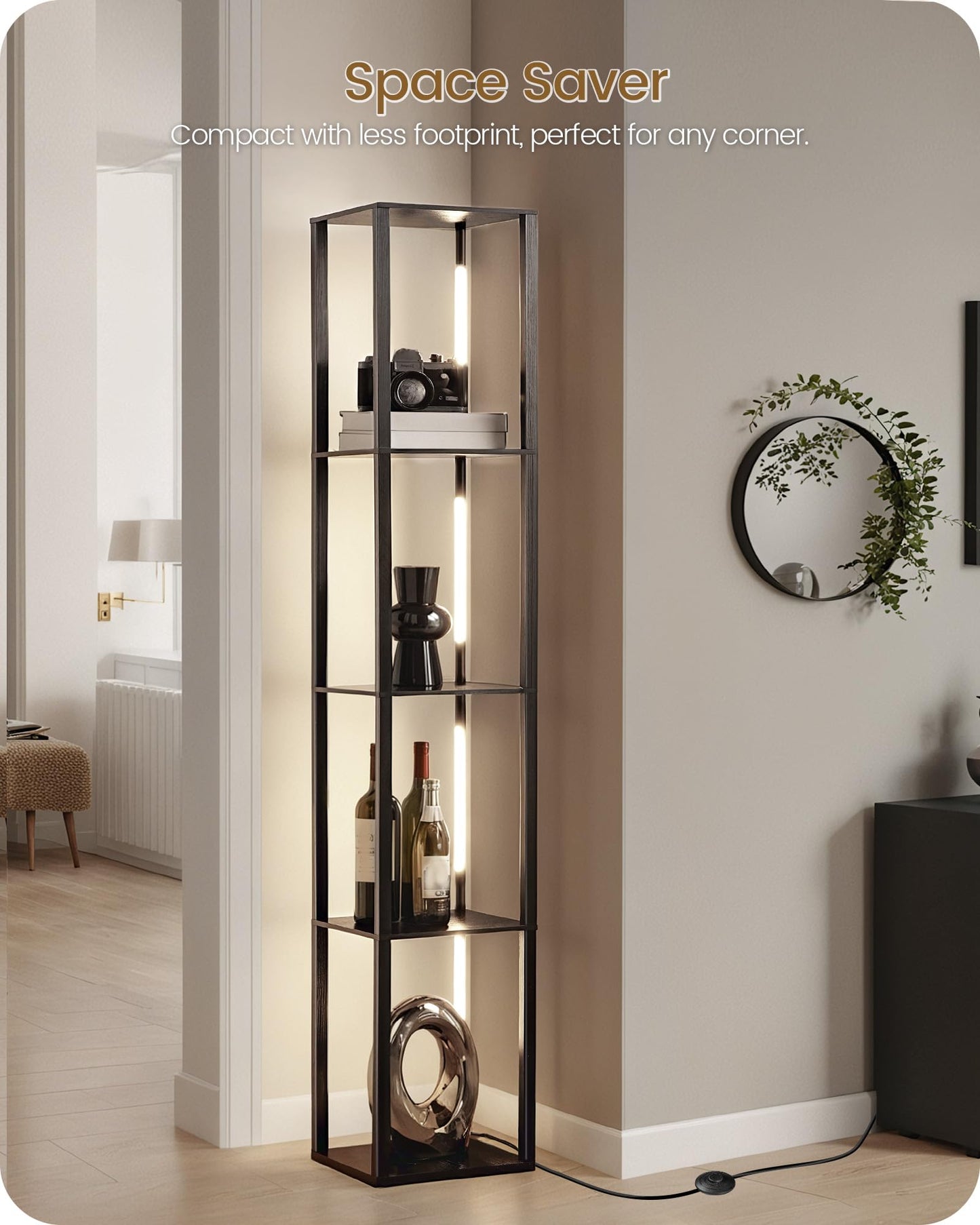 64.2" Display Shelf with Light, Modern Corner Floor Lamp with Shelves, 3000K-6000K LED Dimmable Standing Lamp with Remote for Living Room, Bedroom, Office, Adjustable CCT, Black Square B51LD05