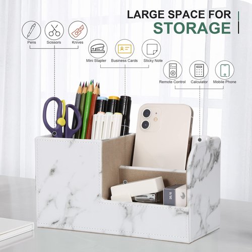 GORESE Office Desk Organizer, Pen Holder for Desk Cute, Leather Desktop Organizers with Remote Control Holder for Office Accessories Desk Supplies Organization Caddy Storage Box White Marble