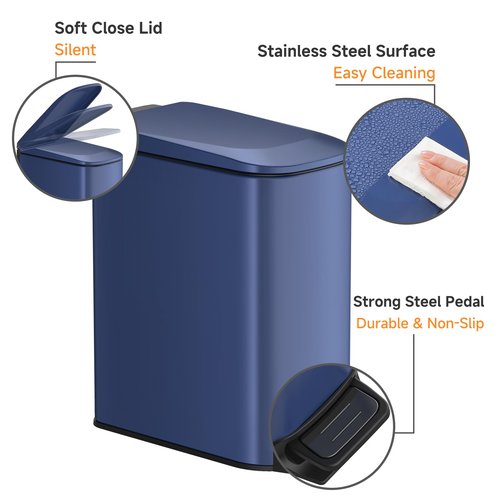 TIPGO Slim Bathroom Trash Can with Lid Soft Close, Step Pedal, 6 Liter / 1.6 Gallon Stainless Steel Trash Bin, Small Garbage Can for Bedroom, Office, Kitchen (Navy Blue)