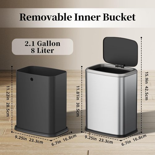 KHMMGK 2.1 Gallon Bathroom Trash Can with Lid Press Top, 8 Liter Stainless Steel Garbage Can with Press Type Lid, Slim Trash Bin Waste Basket for Toilet, Office, Bedroom, Living Room (Silver)