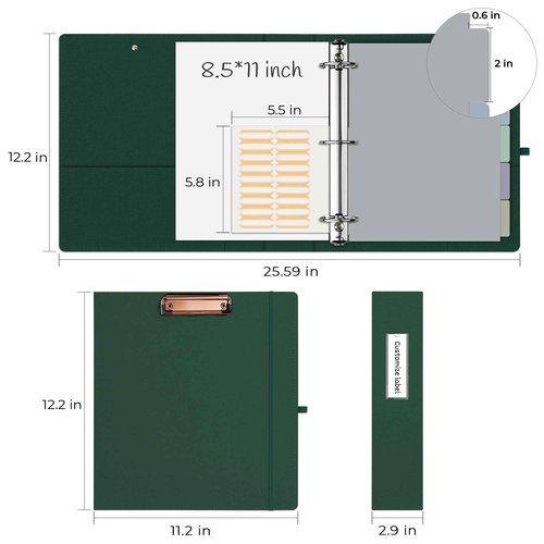 EYROZILL 3 Ring Binder 2 Inch, Binder for Letter Size (11" x 8.5") with 5 Tab Dividers, File Folder Labels and Low Profile Clipboards, Blackish Green