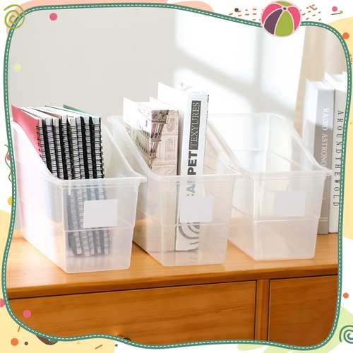 Suzile Book Bins with Labels Linking Storage Bins Folder Magazine File Holder Interlocking Plastic Book Organizer Container for Office Classroom Home(Clear Colors,12 Pcs)
