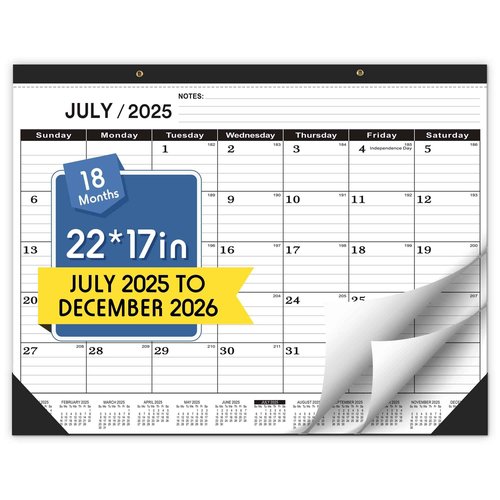 Desk Calendar 2025-2026,July 2025 to December 2026,Desk calendar 2025-2026 Large 22x17, Classroom Calendar 2026 with PVC Cover,Round Holes& NOTES List (Black),18 Months Calender 2026