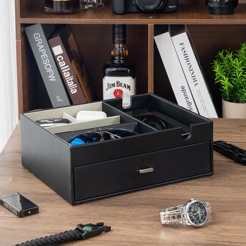 ProCase Father's Day Gift 2 Layers Valet Tray, Nightstand Organizer EDC Dump Catchall Trays with Phone Charging Station, Dresser Top Table Beside Entryway Storage Box -Black
