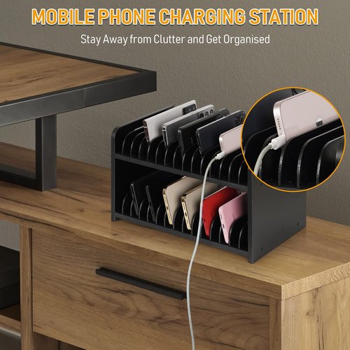 Ozzptuu Cell Phone Storage Classroom Cell Phone Holder Adjustable Wooden Multiple Rack Caddy Organizer Box for Classroom Office Desktop with 1-30 Number Stickers (30-Grid) (Black)
