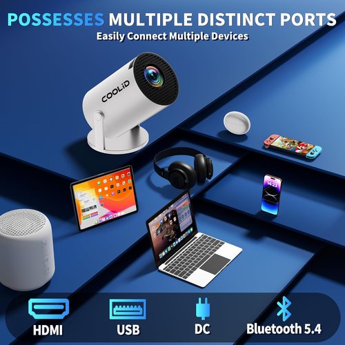 Mini Projector by Built-in Apps | 4K 1080P, Auto Keystone, 270° Rotatable, WiFi 6 & Bluetooth 5.4 - Portable, White