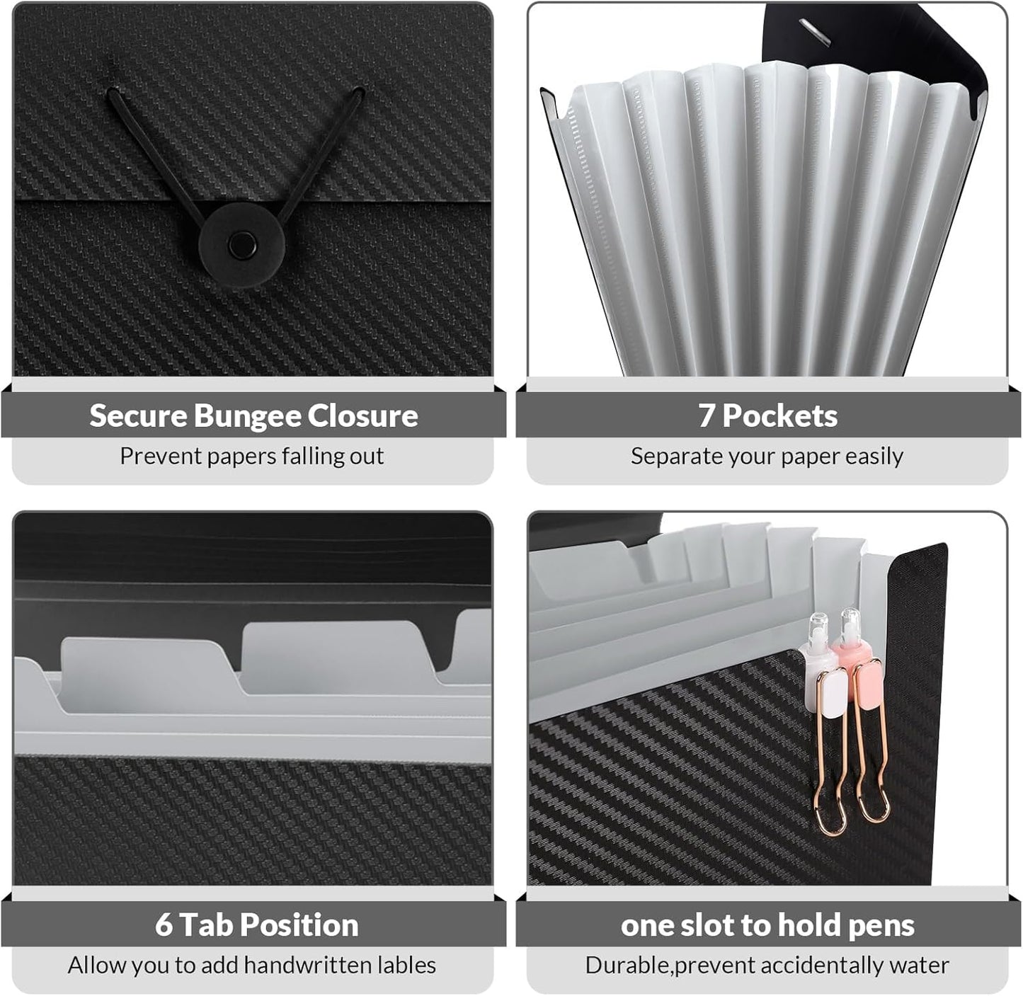 SKYDUE Expanding File Folder - 7 Pocket Accordion Organizer for Documents | Portable Black Filing Solution