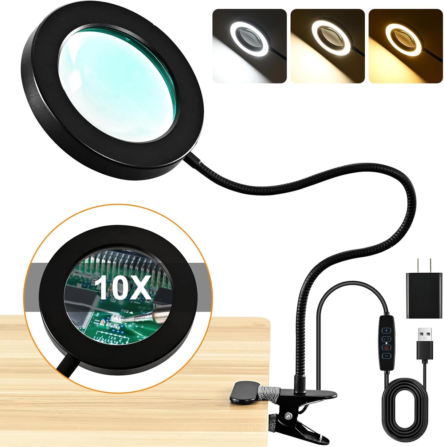 10X Magnifying Glass - 2-in-1 Desk Lamp with Light & Timer | 3 Color Modes, 10 Dimmable Brightness
