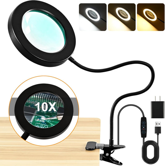 10X Magnifying Glass - 2-in-1 Desk Lamp with Light & Timer | 3 Color Modes, 10 Dimmable Brightness
