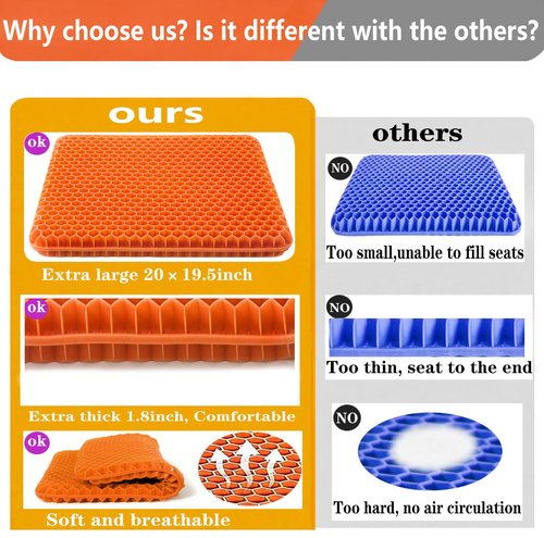 Plus Size Gel Seat Cushion for Long Sitting, Extra Large and Thick Gel Seat Cushion for Pressure Relief for Back, Sciatica, Hip, Tailbone Pain, Used for the Office, Truck, Wheelchair.(Orange)