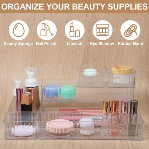 18 PCS Clear Plastic Drawer Organizer Set 4 Large Size Versatile Kitchen and Bathroom Organizer Trays, Non-Slip Storage Bins for Makeup, Utensils, Tool and Office Desk