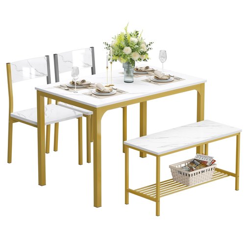 SDHYL Dining Table Set,Two Chairs and One Bench 4 Pieces Set Wooden Table Top with Metal Legs for Breakfast in Living Room, Kitchen Room, Dining Room,Space Saving Kitchen Table Set,Rustic Brown