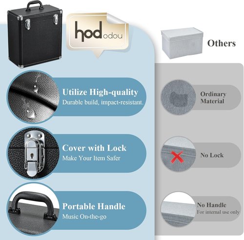 Hododou Vinyl Record Storage Case - Holds 30+ 12-Inch Records | Heavy-Duty, Portable Design with Lid Handle & Mesh Pouch