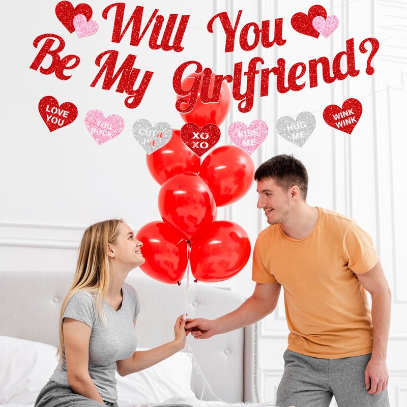 Red Glitter 'WILL YOU BE MY GIRLFRIEND' Proposal Banner with Heart-Shaped Cute Love Message Sign for Romantic Special Night Decorations, Engagements, Proposals, and Valentine's Day Party Supplies