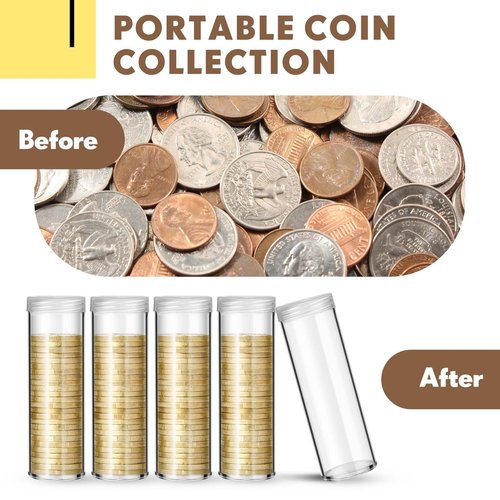 Roowest 30 Pieces Coin Storage Tube Penny Coin Tube Plastic Round Clear Penny Holder Container Organizer with Screw on Lid for Collection Supplies Bank Rolls