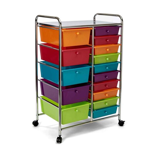 Seville Classics Rolling Utility Organizer Storage Cart , for Home Office, School, Classroom, Scrapbook, Hobby, Craft, 15 Drawer, Multicolor (Pearlized)