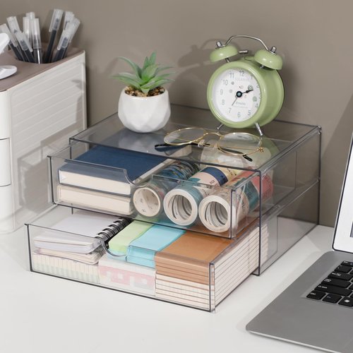 NINEWEEN Stackable Storage Drawers, Plastic Storage Bins for Home Office, Bathroom, Kitchen, Pantry, Clear Desk Organizer for Accessories, Marker, Pencils, Books, Art Crafts, Makeup (6 Drawers)
