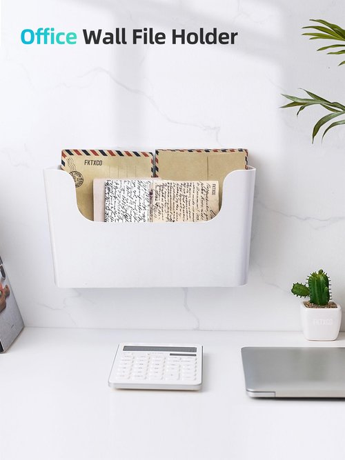 FKTXCO Hanging Wall Mount File Organizer Holder No Drilling Door Office Mail Supplies Storage Magazine Envelope Planner Wall Single Pocket Plastic (Off White)