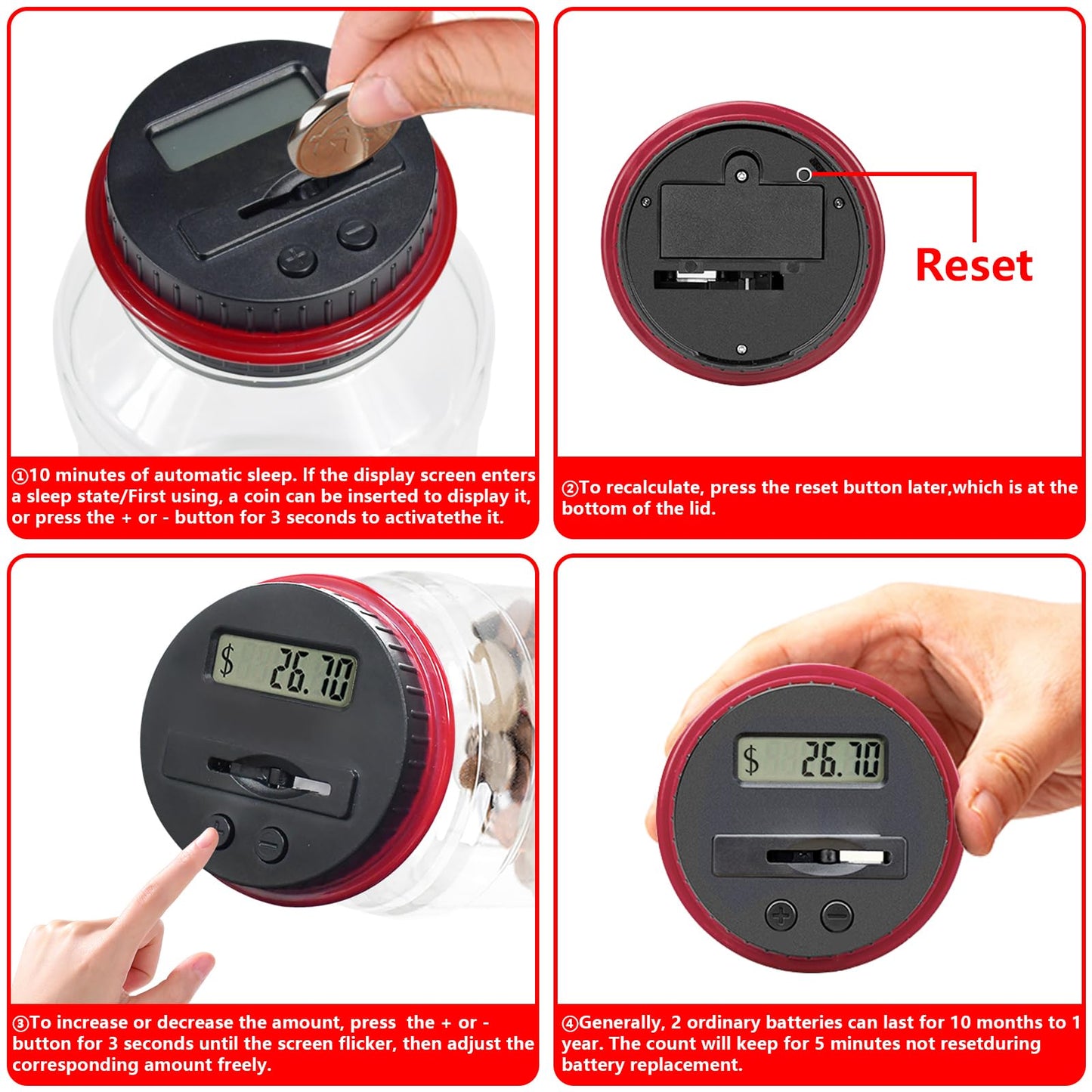 Totola Digital Counting Piggy Banks for Adults, 1.8L Capacity Coin Bank with LCD Counter Display, Transparent Money Coin Jar for Money Saving, Holds All US Coins, Ideal Gift for Boys Girls (Red)