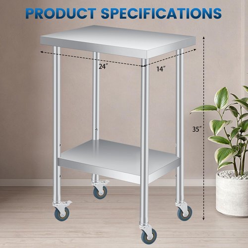 PeakPursuit Stainless Steel Table with Wheels-14x24x35Inch Metal Work Table with Lockable Wheels, 2 Tiers Stainless Prep Table with Adjustable Shelves for Kitchen, Office, Commercial and Gar