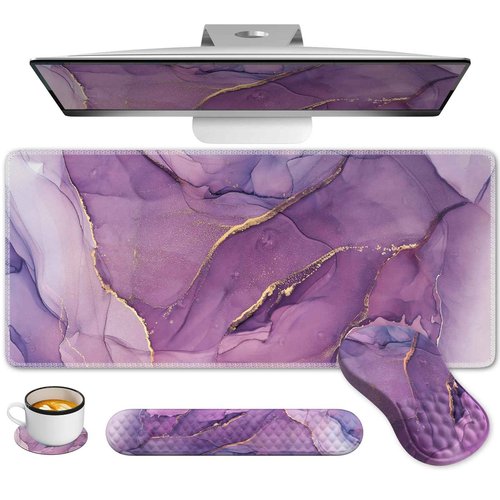 Anyshock Mouse Pad Set for Women Desk, Massage Mouse Pad with Wrist Support, Extended Desk Pad Mat, Wrist Pad for Keyboard, Ergonomic Mouse Pad and Keyboard Pad (Purple Marble)