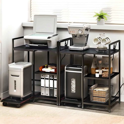TC-HOMENY Printer Stand with Pull-out Shelf, 3-Tier Multi-Functional Home Printer Stand with Charging Station (Black)