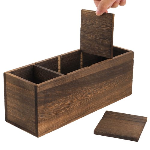 Dicunoy 2 Pack Wooden Pencil Holder for Desk, Rustic Wood Remote Control Holder Caddys, Retro Table Organizer with 4 Compartments for Art Supplies, Pen, Home, Office, School Classroom