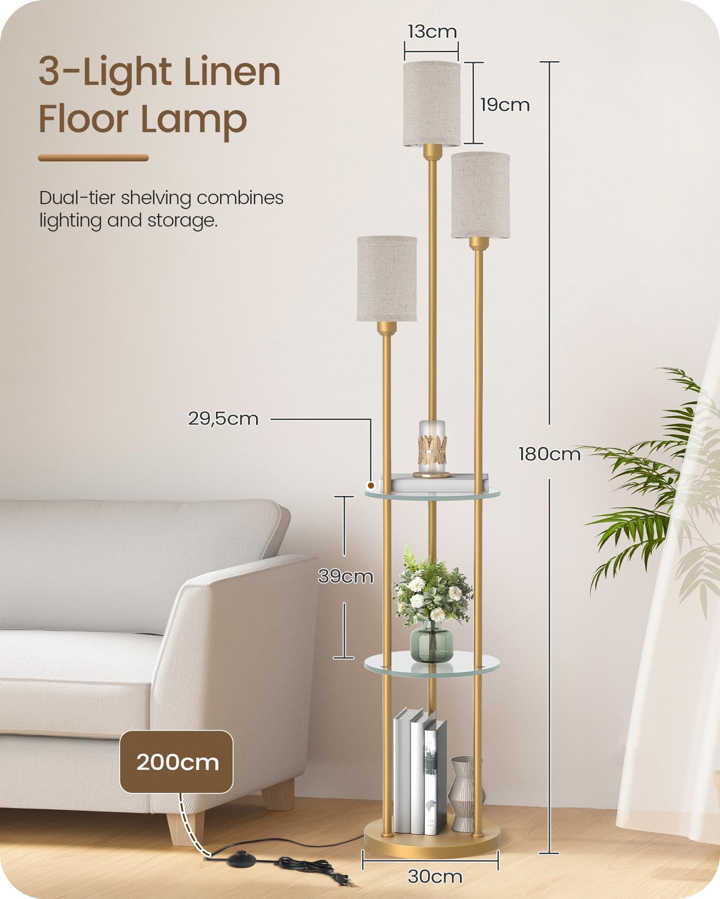 GOEBLESON Floor Lamp with Shelves, Modern Floor Lamp with 3 Linen Shades and Foot Switch, 3-Light Standing Lamp, for Living Room, Bedroom, Study, Office, Gold and Beige ED53LD05
