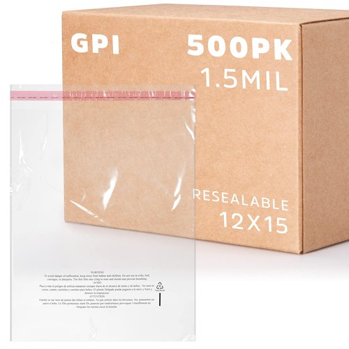 GPI - Pack of 500 12" X 15" Clear Self Seal Poly Bags, 1.5 Mil - Resealable Polybags with Adhesive Strip & Suffocation Warning for Packaging T Shirts Clothing. Perfect for Shipping Supplies with FBA