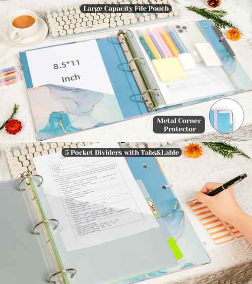 2 Inch 3 Ring Binder Organizer with Clipboard, 5-Tabs Pockets Dividers, Plastic Folder, 18 Divider Stikers, KLLVE Three Ring Binder with Pen Loop (Blue Marble, Letter Size)