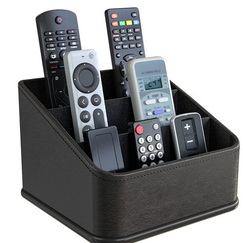 JACKCUBE Remote Control Holder with 3 Compartments, PU Leather Remote Caddy Desktop Organizer for TV, DVD, Blu-Ray, Media Player, Heater Controllers (Black) - MK122B