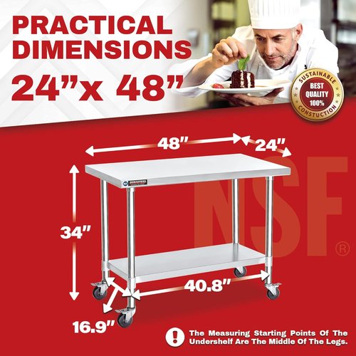 DuraSteel 24x48 NSF Stainless Steel Cart - Heavy Duty Rolling Kitchen Prep Table with Undershelf | Ideal for Restaurants, Garages, and BBQs