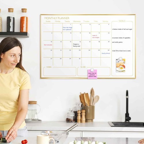 QUEENLINK Large Dry Erase Calendar Whiteboard for Wall, 36'' x 24'' Monthly White Board Planner with Gold Frame, Magetic Hanging Wipe Board for Home Office School Dorm